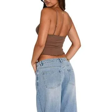 Women Y2k Crop Top Spaghetti Strap Lace Trim Mesh Cami Tank Top Sleeveless Backless Going Out Crop Tops(A,Small)