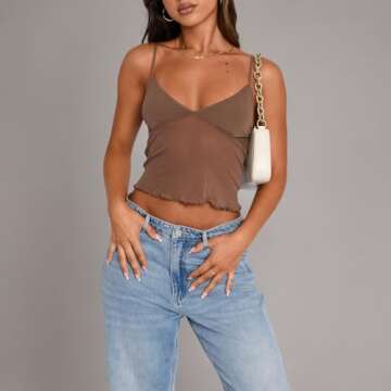 Women Y2k Crop Top Spaghetti Strap Lace Trim Mesh Cami Tank Top Sleeveless Backless Going Out Crop Tops(A,Small)