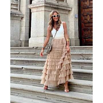 Gratoryna Womens Long Maxi Tulle Skirt A Line Ruffle Mesh High Waisted Tiered Layered Skirts Petticoat(Khaki-M)