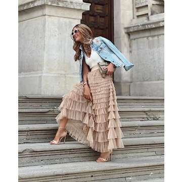 Gratoryna Womens Long Maxi Tulle Skirt A Line Ruffle Mesh High Waisted Tiered Layered Skirts Petticoat(Khaki-M)