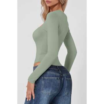 QINSEN Women's Square Neck Bodysuit Sexy Curved Shoulders Long Sleeve Slimming Tops Smoke Green L