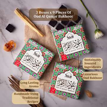 Dukhni Oud Al Qamar Bakhoor 3 Boxes x 9 Piece Each | Arabic Bakhoor Incense | Floral Oud Blend | Per...