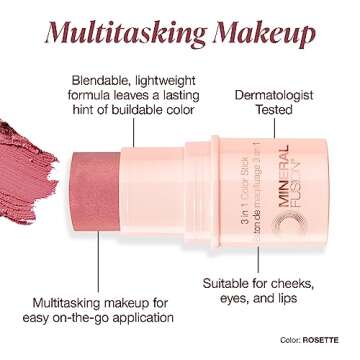 Mineral Fusion 3-in-1 Color Stick, Instant Color Pop and Blush for Cheeks, Creamy Lightweight Formula, Multi-Use Eye, Face, and Lip Makeup, Rosette