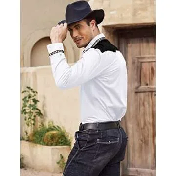 COOFANDY Men's Western Cowboy Shirt Embroidered Long Sleeve Slim Fit Casual Cotton Button Down Hippie Shirts with Pockets White