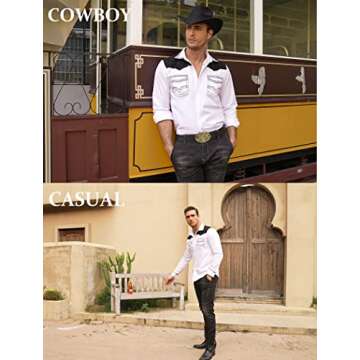 COOFANDY Men's Western Cowboy Shirt Embroidered Long Sleeve Slim Fit Casual Cotton Button Down Hippie Shirts with Pockets White