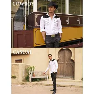 COOFANDY Men's Western Cowboy Shirt Embroidered Long Sleeve Slim Fit Casual Cotton Button Down Hippie Shirts with Pockets White