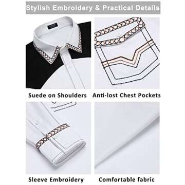 COOFANDY Men's Western Cowboy Shirt Embroidered Long Sleeve Slim Fit Casual Cotton Button Down Hippie Shirts with Pockets White