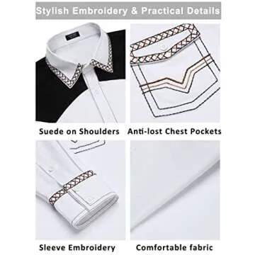 COOFANDY Men's Western Cowboy Shirt Embroidered Long Sleeve Slim Fit Casual Cotton Button Down Hippie Shirts with Pockets White