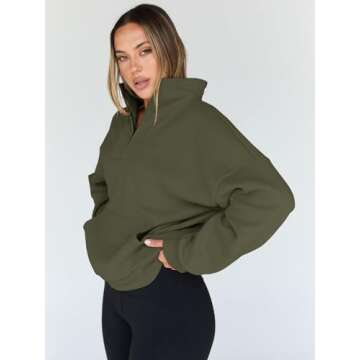 Trendy Queen Sweatshirts Quarter Half Zip Pullover Oversized Hoodies Sweaters Comfy Fall Outfits 2025 Y2K Winter Clothes ArmyGreen M