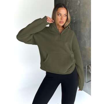 Trendy Queen Sweatshirts Quarter Half Zip Pullover Oversized Hoodies Sweaters Comfy Fall Outfits 2025 Y2K Winter Clothes ArmyGreen M