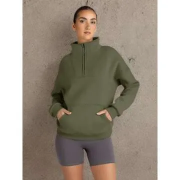 Trendy Queen Sweatshirts Quarter Half Zip Pullover Oversized Hoodies Sweaters Comfy Fall Outfits 2025 Y2K Winter Clothes ArmyGreen M