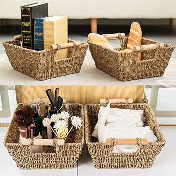 Handmade Woven Wicker Storage Baskets, 2-Pack, Seagrass Shelf Baskets for Organizing & Sorting, Toilet Paper Towel Holder Basket with Wooden Handles, Iron frame, 11.8" x 10.2" x 4.8"