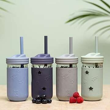 Elk and Friends Adult & Kid's Reusable Silicone Straws with Stopper for 12oz &14oz Mason Jars or Tum...