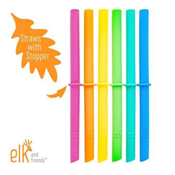 Elk and Friends Adult & Kid's Reusable Silicone Straws with Stopper for 12oz &14oz Mason Jars or Tumblers, Pack of 8 Colorful Straws 7.9"