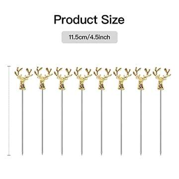 Mewuthede Cocktail Picks,8 Piece Stainless Steel Deer Head Shape Martini Picks Reusable Toothpicks Fruit Picks for Olives, Appetizer, Sandwiches, Cherries (Gold)