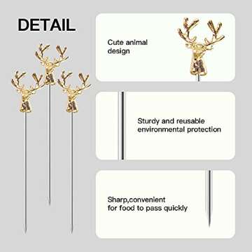 Mewuthede Cocktail Picks,8 Piece Stainless Steel Deer Head Shape Martini Picks Reusable Toothpicks Fruit Picks for Olives, Appetizer, Sandwiches, Cherries (Gold)
