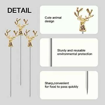 Mewuthede Cocktail Picks,8 Piece Stainless Steel Deer Head Shape Martini Picks Reusable Toothpicks Fruit Picks for Olives, Appetizer, Sandwiches, Cherries (Gold)