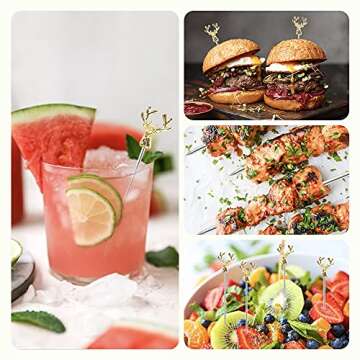 Mewuthede Cocktail Picks,8 Piece Stainless Steel Deer Head Shape Martini Picks Reusable Toothpicks Fruit Picks for Olives, Appetizer, Sandwiches, Cherries (Gold)