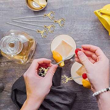 Mewuthede Cocktail Picks,8 Piece Stainless Steel Deer Head Shape Martini Picks Reusable Toothpicks Fruit Picks for Olives, Appetizer, Sandwiches, Cherries (Gold)