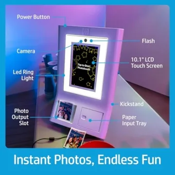 HP Sprocket Photo Booth Machine Instant Color Photo Printer - 10.1" Touchscreen, LED Ring Light - Customize w/250+ Fun Frames, Prints on 3x4 Zink Paper or Share via QR Code, Mobile Notify App - White