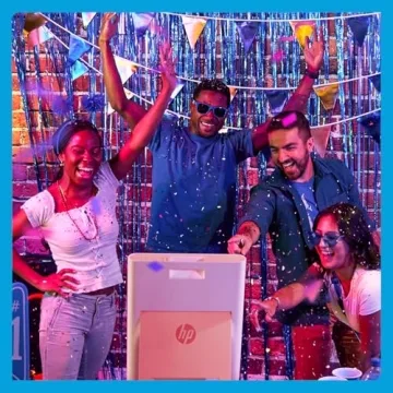 HP Sprocket Photo Booth Machine Instant Color Photo Printer - 10.1" Touchscreen, LED Ring Light - Customize w/250+ Fun Frames, Prints on 3x4 Zink Paper or Share via QR Code, Mobile Notify App - White