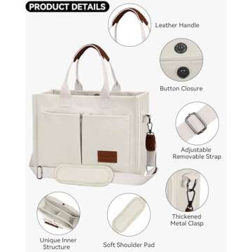 Large Canvas Tote Bag for Women with Compartments Laptop Crossbody Bags Work Book Satchel Purse Travel Gym Shoulder Handbag (Beige)