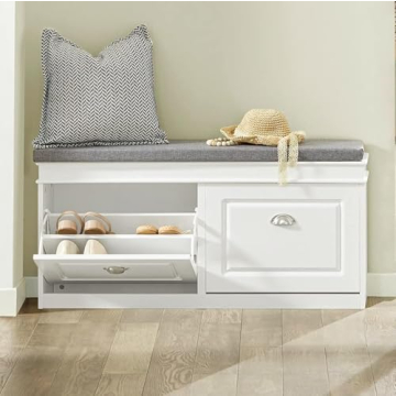 Haotian White Shoe Storage Bench with 2 Flip Drawers & Padded Seat Cushion, Modern Design Shoe Stora...