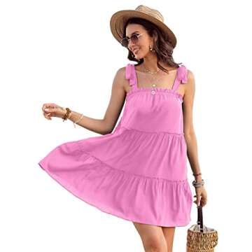 Feiersi Womens Boho Beach Dress Sleeveless A line Swing Loose Casual Sundress Beachwear(Pink,Small)