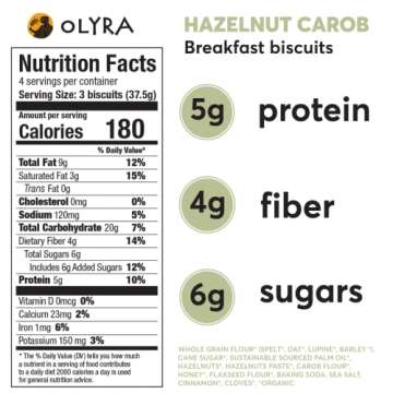 Olyra Hazelnut Carob Breakfast Biscuits, Healthy Snacks for Kids and Adults, Low Sugar, High Fiber, ...