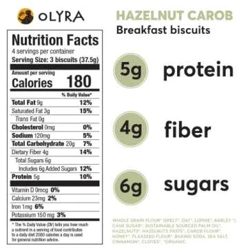 Olyra Hazelnut Carob Breakfast Biscuits, Healthy Snacks for Kids and Adults, Low Sugar, High Fiber, ...
