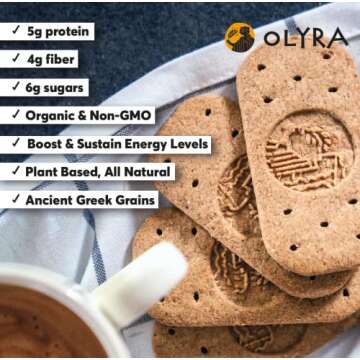 Olyra Hazelnut Carob Breakfast Biscuits, Healthy Snacks for Kids and Adults, Low Sugar, High Fiber, Vegan Organic Cookies, with Ancient Greek Grains, USDA Certified Organic, Non GMO, 4 Packs