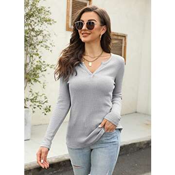 Women's Henley Shirts V Neck Waffle Knit Casual Long Sleeve Pullover Sweater Blouses Grey