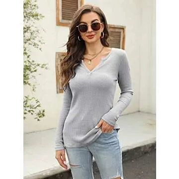 Women's Henley Shirts V Neck Waffle Knit Casual Long Sleeve Pullover Sweater Blouses Grey