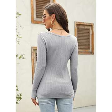 Women's Henley Shirts V Neck Waffle Knit Casual Long Sleeve Pullover Sweater Blouses Grey