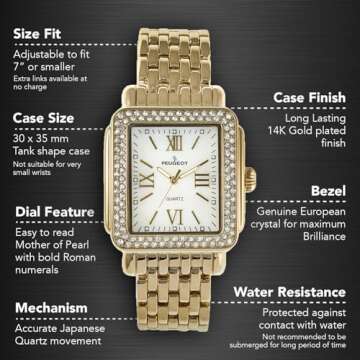Peugeot Women Rectangle Dress Watch with Crystal Decorated Bezel, Roman Numerals and Bracelet