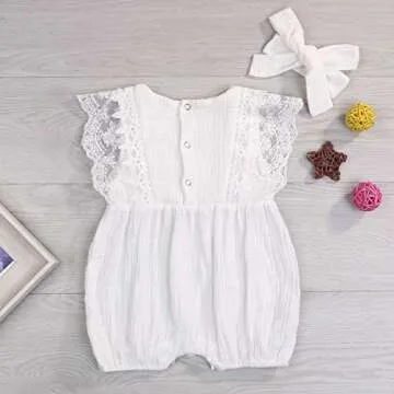 KCSLLCA Baby Girls Lace Romper Set Ruffle Sleeve Solid Color Onesie with Headband (White, 9-12 Months)