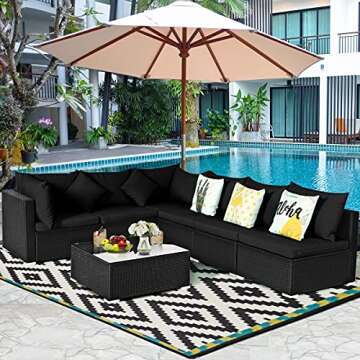 Tangkula 7 Piece Patio Furniture, Outdoor Sectional Sofa w/Pillows and Cushions, Wicker Sofa Conversation Set with Coffee Patio Sofa and Tea Table for Garden, Lawn (Black)