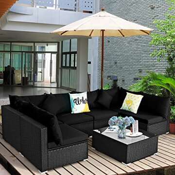 Tangkula 7 Piece Patio Furniture, Outdoor Sectional Sofa w/Pillows and Cushions, Wicker Sofa Conversation Set with Coffee Patio Sofa and Tea Table for Garden, Lawn (Black)