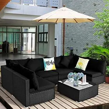 Tangkula 7 Piece Patio Furniture, Outdoor Sectional Sofa w/Pillows and Cushions, Wicker Sofa Conversation Set with Coffee Patio Sofa and Tea Table for Garden, Lawn (Black)