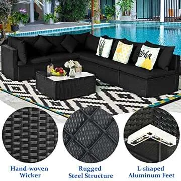 Tangkula 7 Piece Patio Furniture, Outdoor Sectional Sofa w/Pillows and Cushions, Wicker Sofa Conversation Set with Coffee Patio Sofa and Tea Table for Garden, Lawn (Black)