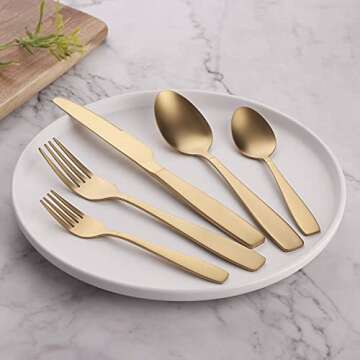 Matte Gold Silverware Set for 4, 20 Piece Matte Gold Flatware, 18/10 Stainless Steel Flatware, Satin Finish, Kitchen Utensil, Dishwasher Safe