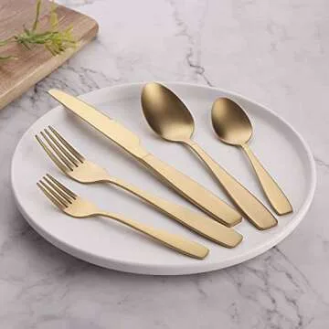 Matte Gold Silverware Set for 4, 20 Piece Matte Gold Flatware, 18/10 Stainless Steel Flatware, Satin Finish, Kitchen Utensil, Dishwasher Safe