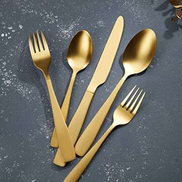 Matte Gold Silverware Set for 4, 20 Piece Matte Gold Flatware, 18/10 Stainless Steel Flatware, Satin Finish, Kitchen Utensil, Dishwasher Safe