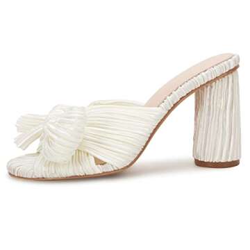 VETASTE Women's Pleated Bow Knot Heeled Sandals Comfortable Slip On Open Toe Block Chunky Heel Slides Bridal Wedding Dress Shoes