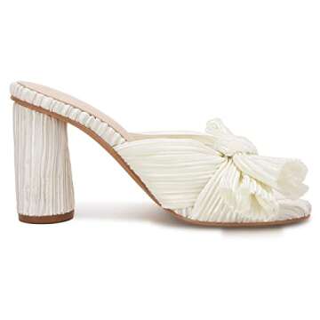 VETASTE Women's Pleated Bow Knot Heeled Sandals Comfortable Slip On Open Toe Block Chunky Heel Slides Bridal Wedding Dress Shoes