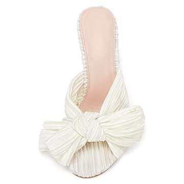 VETASTE Women's Pleated Bow Knot Heeled Sandals Comfortable Slip On Open Toe Block Chunky Heel Slides Bridal Wedding Dress Shoes