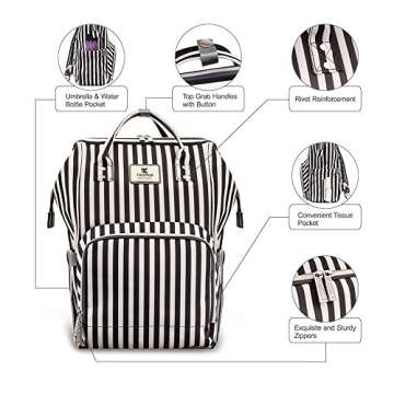 Hafmall Diaper Bag Backpack Waterproof Multi-Function Travel Bags, Large Capacity and Durable Backpack with Stroller Straps (Black & White Stripes)