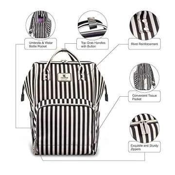 Hafmall Diaper Bag Backpack Waterproof Multi-Function Travel Bags, Large Capacity and Durable Backpack with Stroller Straps (Black & White Stripes)