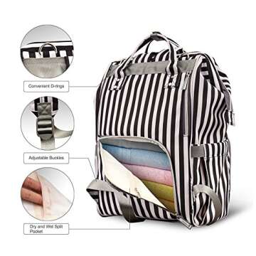 Hafmall Diaper Bag Backpack Waterproof Multi-Function Travel Bags, Large Capacity and Durable Backpack with Stroller Straps (Black & White Stripes)