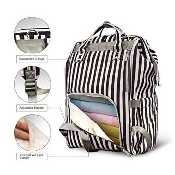 Hafmall Diaper Bag Backpack Waterproof Multi-Function Travel Bags, Large Capacity and Durable Backpack with Stroller Straps (Black & White Stripes)